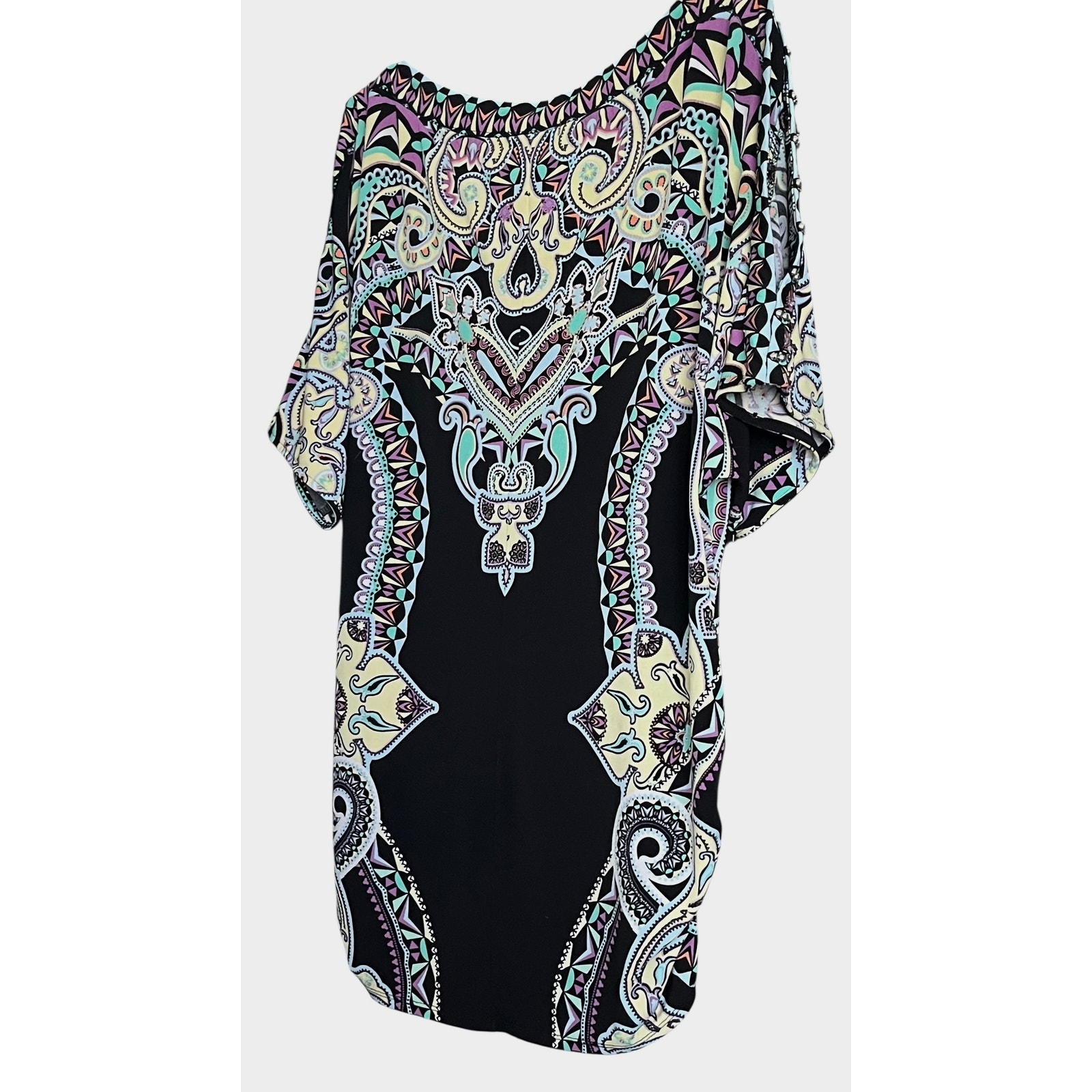 Roz & Ali Cold Shoulder Short Dolman Slv Crew Neck, Woman, 1x, Purple Teal Yell — image 6 of 8